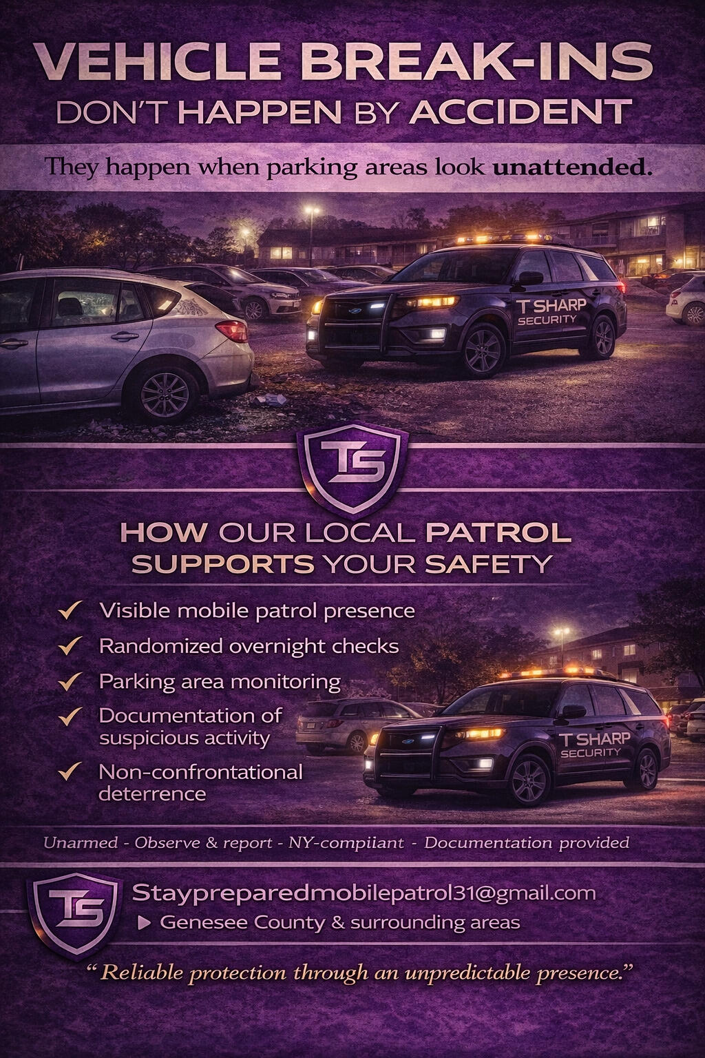 T. Sharp Security Service Mobile Patrol • Genesee County & Surrounding Areas EST. 2026